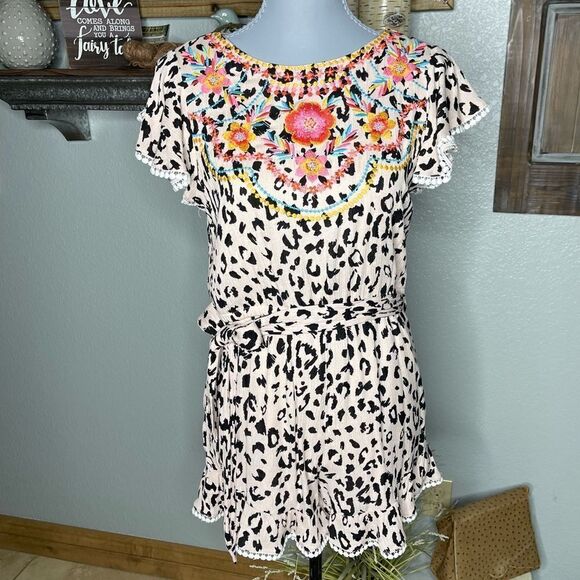 Savanna Jane Animal Print Mocha Black Floral Embroidery Romper - Picture 2 of 13